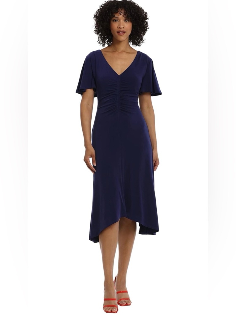 Maggy London Navy Asymmetric V-Neck Midi Dress